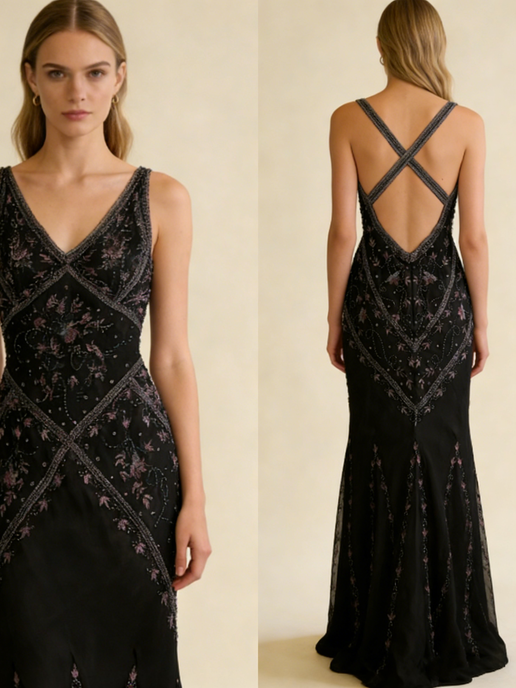 Black V Neck Sheath Beading Vinatge Long party Dress Evening Dresses, HZ0319