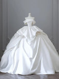 Elegant White Satin Off-the-shoulder Ruffle Ball Gown Design A-Line Wedding Dress, HZ0319