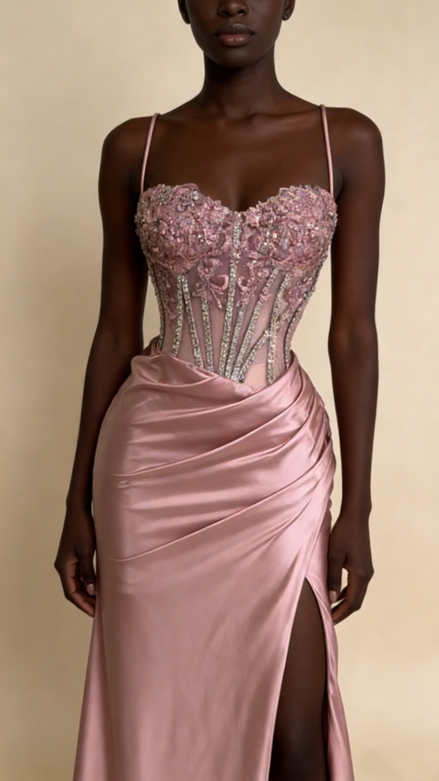 Charming Prom Dress Pink Spaghetti Straps Beaded Satin Long Evening Party Dress Birthday Outfits, HZ0319