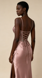 Charming Prom Dress Pink Spaghetti Straps Beaded Satin Long Evening Party Dress Birthday Outfits, HZ0319