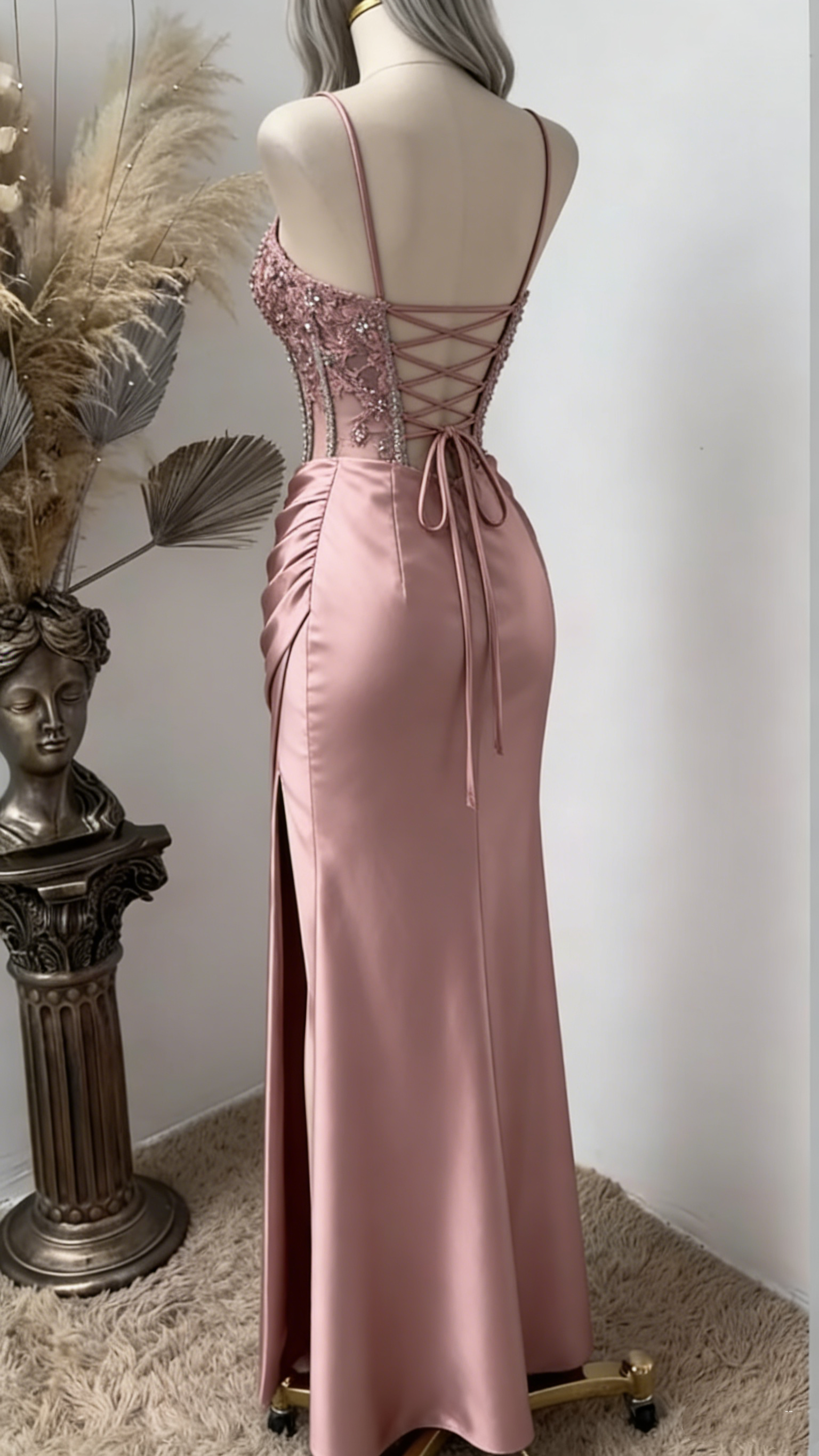 Charming Prom Dress Pink Spaghetti Straps Beaded Satin Long Evening Party Dress Birthday Outfits, HZ0319