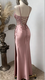 Charming Prom Dress Pink Spaghetti Straps Beaded Satin Long Evening Party Dress Birthday Outfits, HZ0319