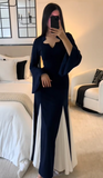 Modest Navy Blue Long Sleeves A-Line Chiffon Long Formal Party Dress, HZ0319