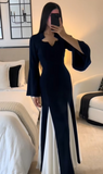 Modest Navy Blue Long Sleeves A-Line Chiffon Long Formal Party Dress, HZ0319