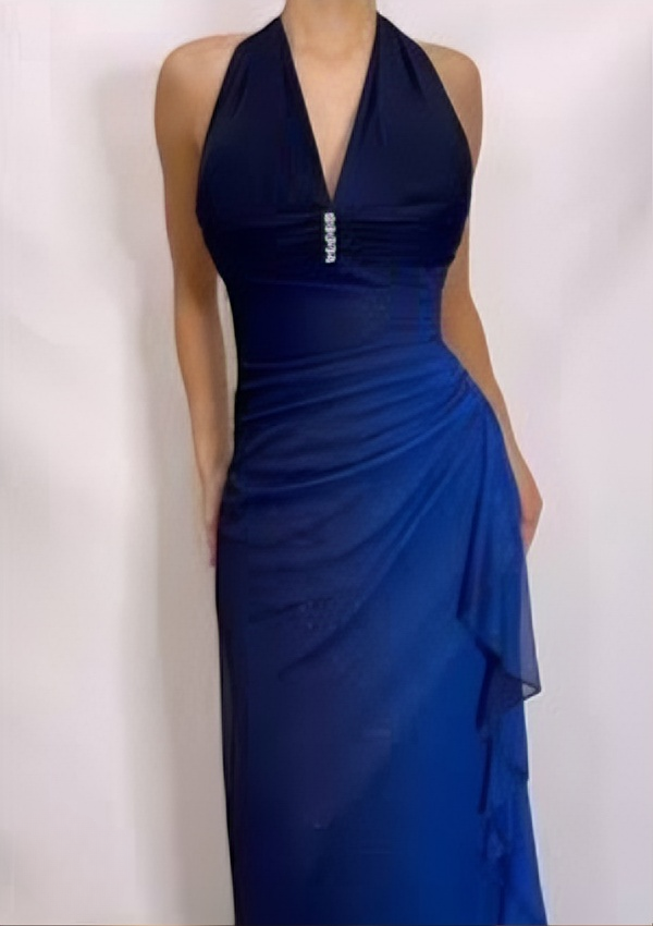 Dark Blue Halter Sheath Chiffon Long Party Dress Vintage Evening Dress, HZ0319