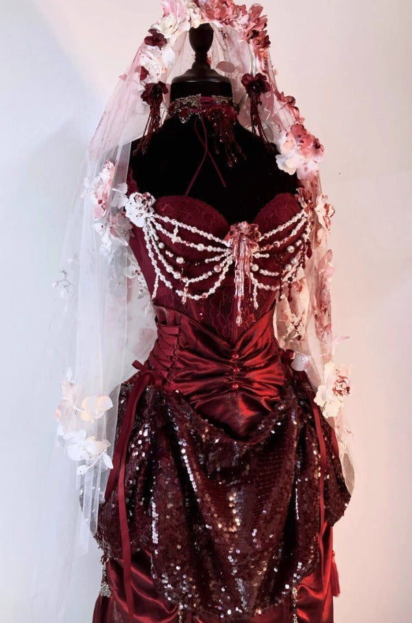 Gothic Burgundy Straps A-Line Sequins Vintage Long Evening Party Dress, HZ0319