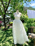 Pretty Bateau Sleeveless A Line Feather Flower Tiered Tulle Long Homecoming Dress Birthday Outfits HZ0319