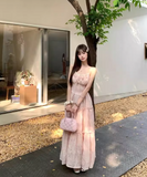 Cute A-Line Spaghetti Straps Lace-up Pleated Seaside Long Birthday Party Dress Women Dress Summer Dress HZ0319