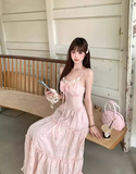 Cute A-Line Spaghetti Straps Lace-up Pleated Seaside Long Birthday Party Dress Women Dress Summer Dress HZ0319