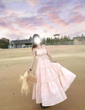 Cute A-Line Spaghetti Straps Lace-up Pleated Seaside Long Birthday Party Dress Women Dress Summer Dress HZ0319