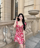 Sexy Seaside A-Line Straps Lace-up Printing Rose Short Outfits Dress Dating Dress Homecoming Dress HZ0319