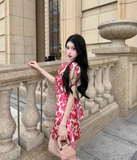 Sexy Seaside A-Line Straps Lace-up Printing Rose Short Outfits Dress Dating Dress Homecoming Dress HZ0319