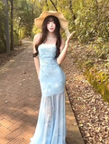 Seaside Spaghetti Straps Sheath Lace Printing Long Mermaid Party Dress Women Dress Summer Dress Vacation Dress HZ0319