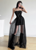 Minimalist Shiny Black Strapless Pleated Tiered Tulle Dress Dating Dress Party Dress Summer Dress Women Dress HZ0319