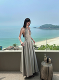 Fashion Suspender V-neck Backless Pleated Polka Dot Maxi dress Women Summer Date Dress HZ0319