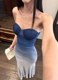 Elegant Sweetheart Neck Gradient Blue Pleated Slim Fit Waist Mermaid Maxi Dress Women Summer Dress HZ0319