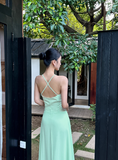 French A Line Spaghetti Straps V Neck Backless Pleated Seaside Vacation Dress Women Summer Long Dress HZ0319