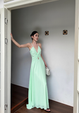French A Line Spaghetti Straps V Neck Backless Pleated Seaside Vacation Dress Women Summer Long Dress HZ0319