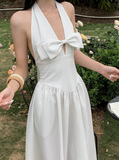 French A-line V-neck Halter Backless Striped Long dress Beach Dress Women Summer Dress with Bow knot HZ0319