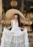 Island Style Halter Backless Tiered Pleated Beach Vacation Dress Women Summer Long Dress HZ0319