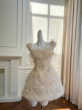 Pretty A Line Square Neckline Feather Beaded Sequins Flower Sweet 16 Skirt Party Dress Homecoming Dress HZ0319