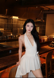 French V-neck Halter Pleated Hi-lo Women Summer Dress Vacation Seaside Dress HZ0319