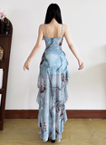 Sweet Spaghetti Straps Tiered Pleated Ruffled Patchwork Train Skirt Women Date Dress Summer Dress HZ0319