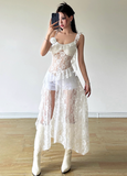 Sexy Irregular Suspenders Ruffle Pleated Hi-lo Dress Women Summer Dress HZ0319