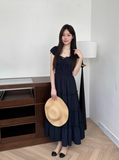 Minimalist Square Neckline Lace-up Pleated Ruffle Long Skirt Summer Dress Women Dress HZ0319