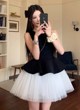 Sweet Crew Neck Pleated Tulle Short Skirt Princess Dress Summer Women Date Dress HZ0319