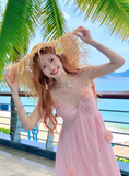 Seaside V -neck Spaghetti Straps Flower Pleated Long Vacation Dress Summer Women Dress HZ0319