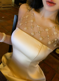 Elegant A Line Crew Neck Beading Tulle Short Party Skirt Women Summer Vacation Seaside Date Dress HZ0319