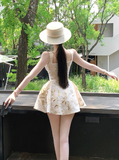 Elegant Spaghetti Straps A Line Printing Pleated Casual Short Vacation Dress Women Summer Date Dress HZ0319