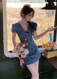 Casual V-neck Priting Flower Short Summer Dress Women Vacation Seaside Dress HZ0319
