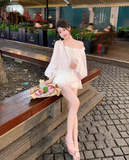 Sweet Off the Shoulder Pleated Short Summer Vacation Skirt Women Date Dress HZ0319