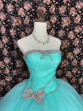 Sweet Strapless Bowknot Rhinestone Tulle Ball Gown Quinceanera Dress Party Prom Dress HZ0319