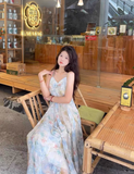 Pretty Halter Oil Painting Style Pleated Maxi Women Skirt Vacation Summer Seaside Dress HZ0319