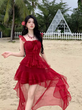 Vacation Hi-lo Pleated Tiered Ruffle Beach Summer Dress Women Date Dress HZ0319