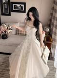 Pretty A Line Square Neck Embroidered Buttlefly Pleated Maxi Dress Women Summer Date Dress HZ0319