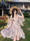Vacation Spaghetti Straps Pleated Ruffle Asymmetrical Hem Short Skirt Women Summer Dress HZ0319