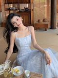 Vacation A Line Spaghetti Straps Printing Tulle Maxi Skirt Women Dress Summer Seaside Dress HZ0319