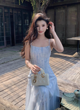 Vacation A Line Spaghetti Straps Printing Tulle Maxi Skirt Women Dress Summer Seaside Dress HZ0319