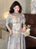 Vintage Oil painting A Line Square Neck Print Pleated Maxi Skirt Women Dress Summer Date Dress HZ0319
