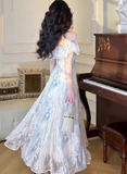 Vintage Oil painting A Line Square Neck Print Pleated Maxi Skirt Women Dress Summer Date Dress HZ0319