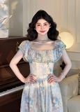 Vintage Oil painting A Line Square Neck Print Pleated Maxi Skirt Women Dress Summer Date Dress HZ0319