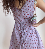Vintage V-neck Printing Floral Lace up Short Skirt Summer Women Date Dress HZ0319