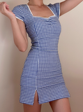 Vintage Square Neck Checkered Short Split Skirt Summer Women Party Dress Date Dress HZ0319
