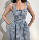 Retro Square Neck Striped Lace up Women Vacation Dress Summer Date Dress HZ0319