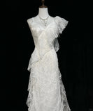 Elegant Asymmetrical Neckline Ruffle Pleated Floor Length Prom Dress Wedding Dress Evening Dress Party Dress HZ0319