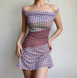 Retro Off the Shoulder Checkered Short Skirt Wommen Teenage Girl Summer Date Dress HZ0319